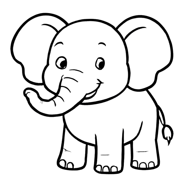 A coloring sheet of a smiling elephant, bold black-and-white outlines.