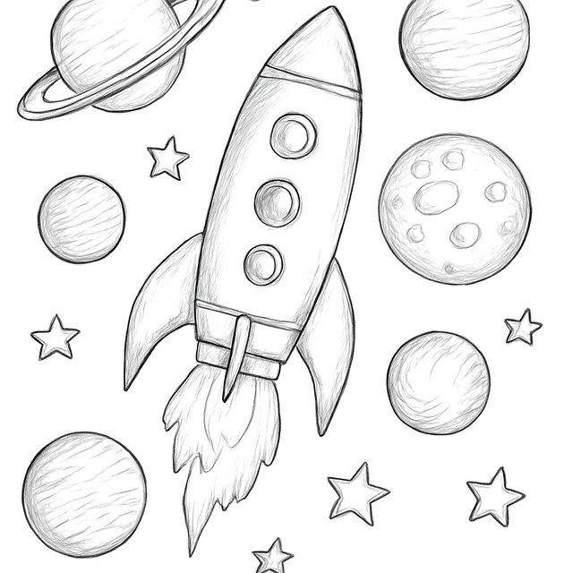 A sketch-style rocket and planets coloring page.