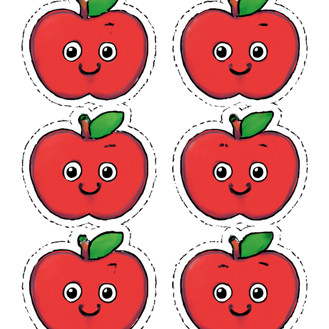 Six friendly cartoon apples as a cutout sheet, bold outlines for cutting.